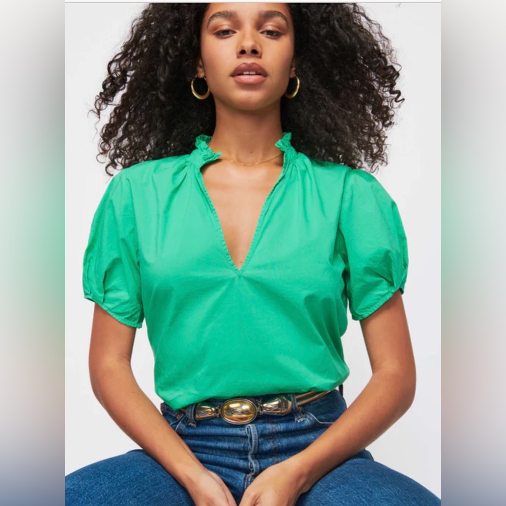 Nation Ltd Rosanna Blouse Women's M Green V-Neck Puff Short Sleeve Cotton Shirt